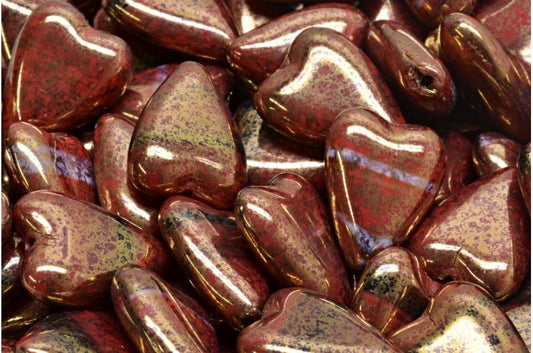 細長いハート型ビーズ、ストライプ入りダークレッドテラコッタバイオレット（26907-15496）、ガラス、チェコ共和国