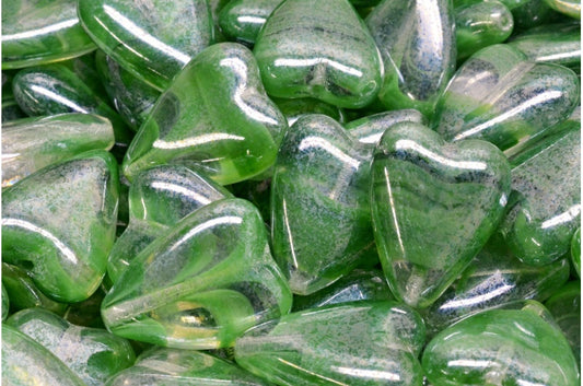 細長いハート型ビーズ、マラカイトグリーンヘマタイト（26507-14400）、ガラス、チェコ共和国