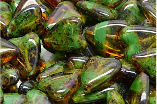 細長いハート型ビーズ、マラカイトグリーントラバーチン（26507-86800）、ガラス、チェコ共和国