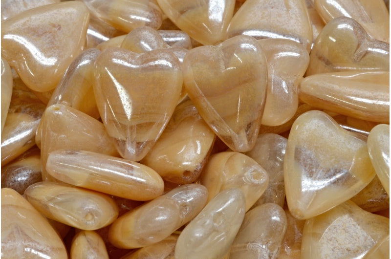 細長いハートビーズ、ベージュシルキーヘマタイト（16017-14400）、ガラス、チェコ共和国