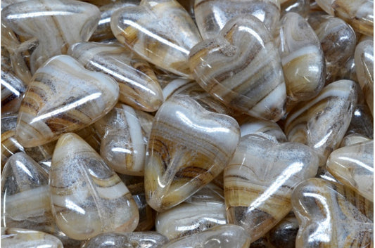 細長いハート型ビーズ、ブラウンホワイトストライプヘマタイト（15016-14400）、ガラス、チェコ共和国