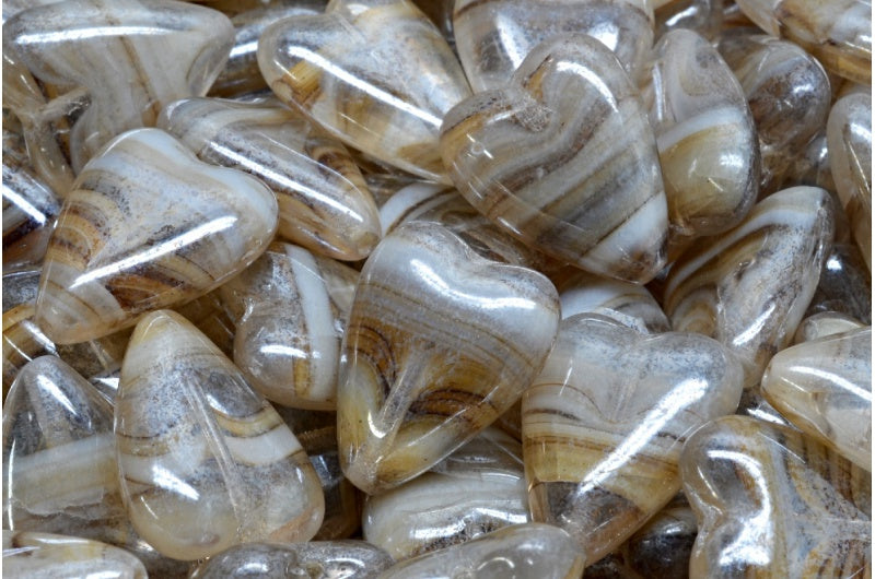 アウトレット 10グラム 細長いハートビーズ、16 x 13 mm、ブラウンホワイトストライプヘマタイト（15016-14400）、ガラス、チェコ共和国