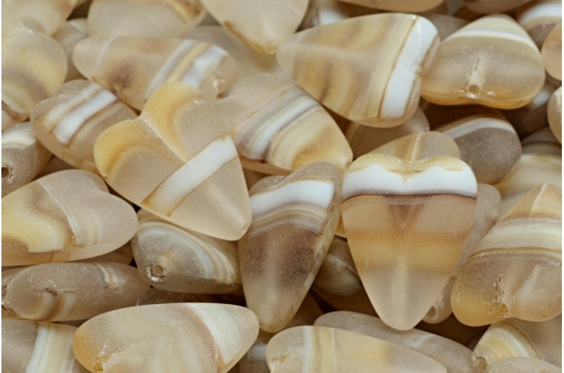 細長いハートビーズ、ブラウンホワイトストライプマット（15016-84100）、ガラス、チェコ共和国