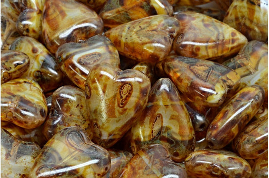 細長いハート型ビーズ、ブラウンホワイトストライプトラバーチン（15016-86800）、ガラス、チェコ共和国