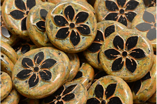 OUTLET 10 grams Table Cut Coin Flower Beads, 18 x 18 mm, Black Travertin Orange Spotted (23980-86800-33302), Glass, Czech Republic