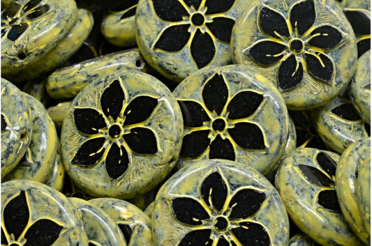 桌切花形钱币珠，黑色石灰华米黄色斑点 (23980-86800-33303)，玻璃，捷克共和国