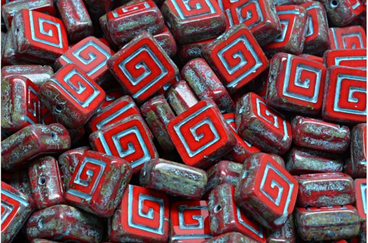 Table Cut Celtic Square Beads, Opaque Red Travertin Light Blue Lined (93200-86800-54308), Glass, Czech Republic
