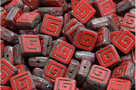 Table Cut Celtic Square Beads, Opaque Red Travertin Copper Lined (93200-86800-54318), Glass, Czech Republic