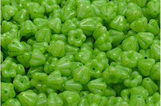 Bell Flower Beads, 83539 Green Spotted (83539-33311), Glass, Czech Republic