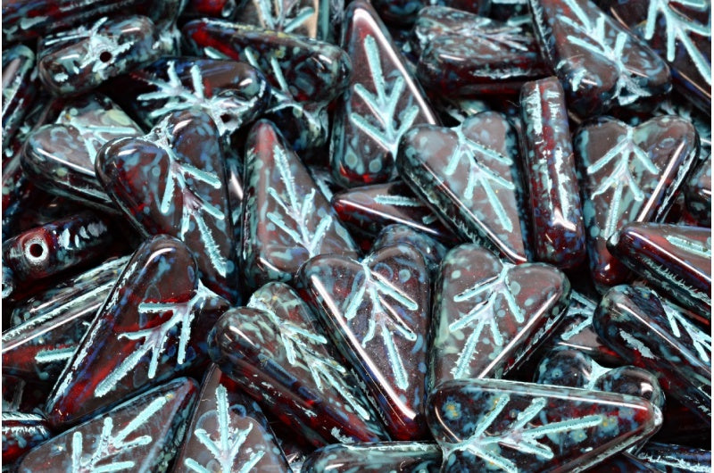 アウトレット 10グラム ハートリーフビーズ、16 x 11 mm、ルビーレッドステイン ストロングライトブルーライン入り (90080-86805-54308)、ガラス、チェコ共和国