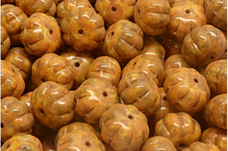Pumpkin Beads, White Travertin Orange Spotted (02010-86800-33302), Glass, Czech Republic
