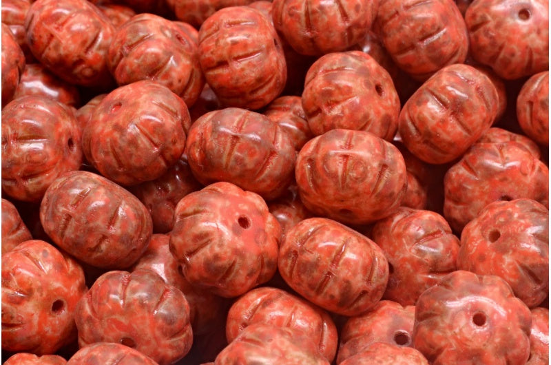 Pumpkin Beads, White Travertin Beige Orange Spotted (02010-86800-33307), Glass, Czech Republic