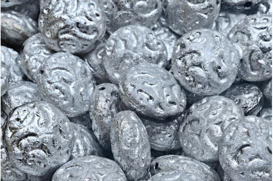 Lentil Beads With Ornaments, Black Etched Silver full coated (23980-etch-27003), Glass, Czech Republic