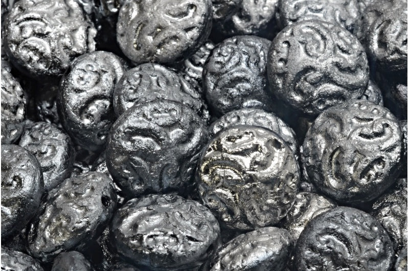 Lentil Beads With Ornaments, Black Etched Dark Silver Full Coated (23980-etch-27403), Glass, Czech Republic