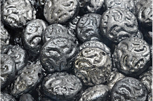 Lentil Beads With Ornaments, Black Etched Dark Silver Full Coated (23980-etch-27403), Glass, Czech Republic