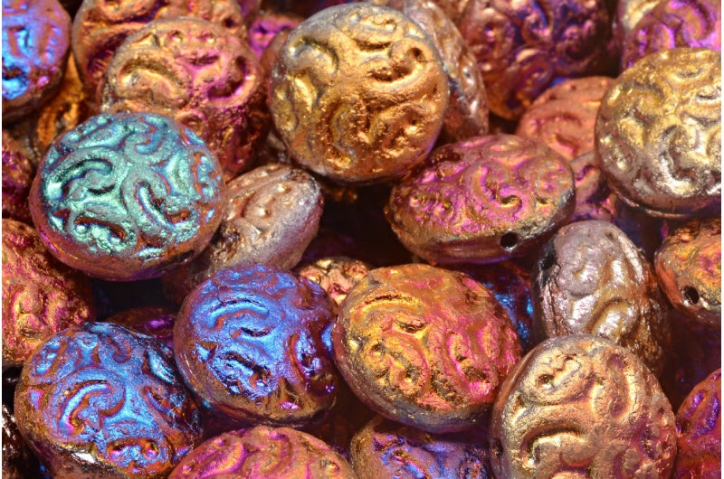 Lentil Beads With Ornaments, Black Etched Sliperit Full (2X Side) (23980-etch-29503), Glass, Czech Republic