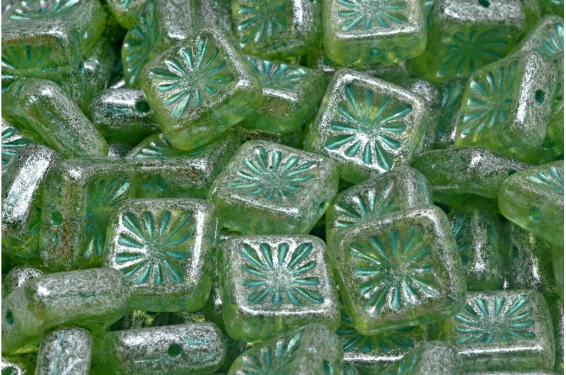 Squared Kiwi Beads, Transparent Green Light Blue Lined Silver Gray (50220-43811-34301), Glass, Czech Republic
