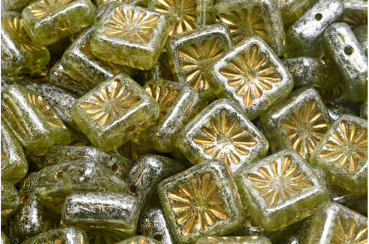 スクエアキウイビーズ、透明グリーンゴールドラインシルバーグレー（50220-54302-34301）、ガラス、チェコ共和国