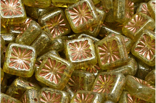 スクエアキウイビーズ、透明グリーン銅線ライトイエロー（50220-54307-34302）、ガラス、チェコ共和国