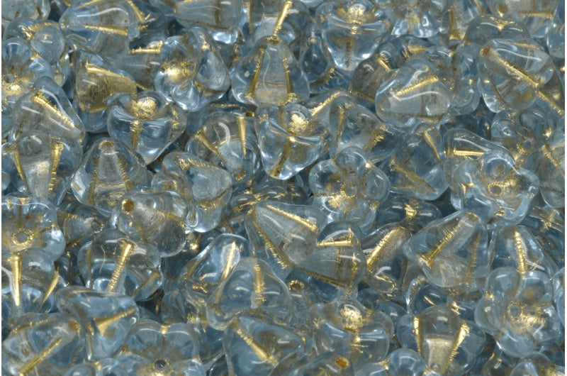 Bell Flower Beads, Transparent Blue Gold Lined (30010-54302), Glass, Czech Republic
