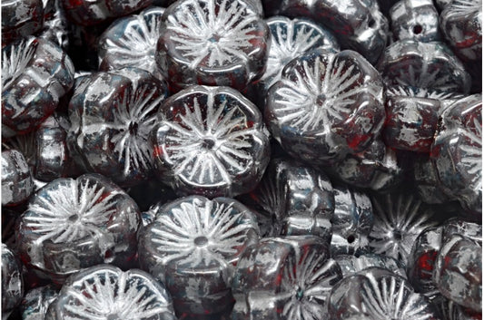 Hawaiian Flower Beads, Ruby Red Travertin Silver Lined (90080-86800-54301), Glass, Czech Republic