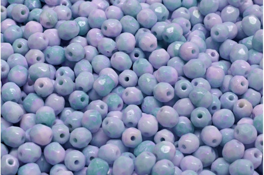 多面圆形火抛光珠，白色蓝绿色冷紫色斑点（R2613-33305），玻璃，捷克共和国