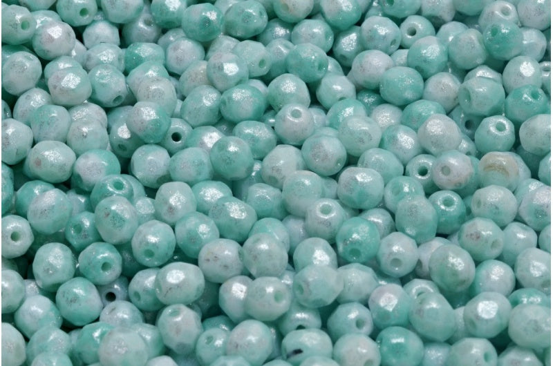 ファセットラウンドファイアポリッシュビーズ、ホワイトティールシルバーグレー（R2613-34301）、ガラス、チェコ共和国