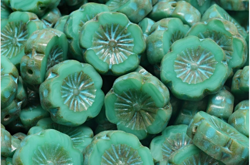 OUTLET 10 grams Table Cut Hawaii Flower Beads, 14 x 14 mm, Turquoise Travertin Turqouise Spotted (63130-86800-33309), Glass, Czech Republic