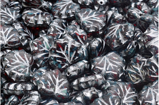 メープルリーフビーズ、ルビーレッドトラバーチン、シルバーライニング（90080-86800-54301）、ガラス、チェコ共和国