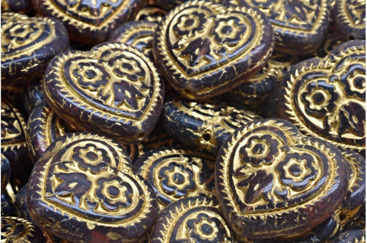 OUTLET 10克 心形民间花卉珠子，17 x 17毫米，透明浅紫水晶色，镀金（20050-54302），玻璃，捷克共和国