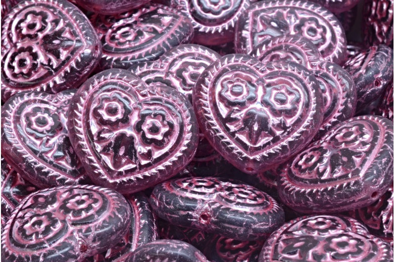 Heart With Folklore Flowers Beads, Transparent Light Amethyst Pink Lined (20050-54321), Glass, Czech Republic