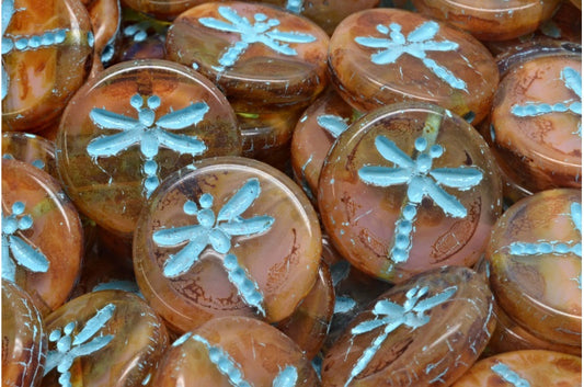 OUTLET 10 grams Round Flat Beads With Dragonfly, 17 x 17 mm, 76019 Travertin Light Blue Lined (76019-86800-54308), Glass, Czech Republic