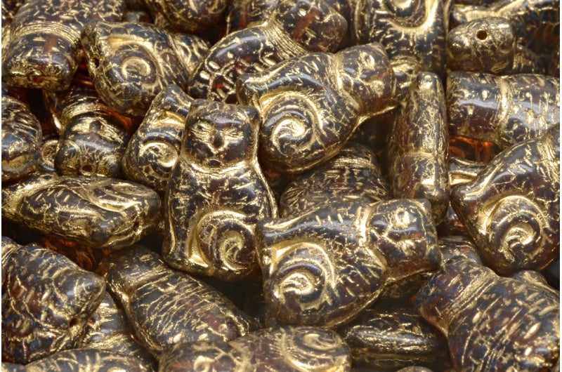 猫ビーズ、トパーズトラバーチンゴールドライン（10070-86800-54302）、ガラス、チェコ共和国