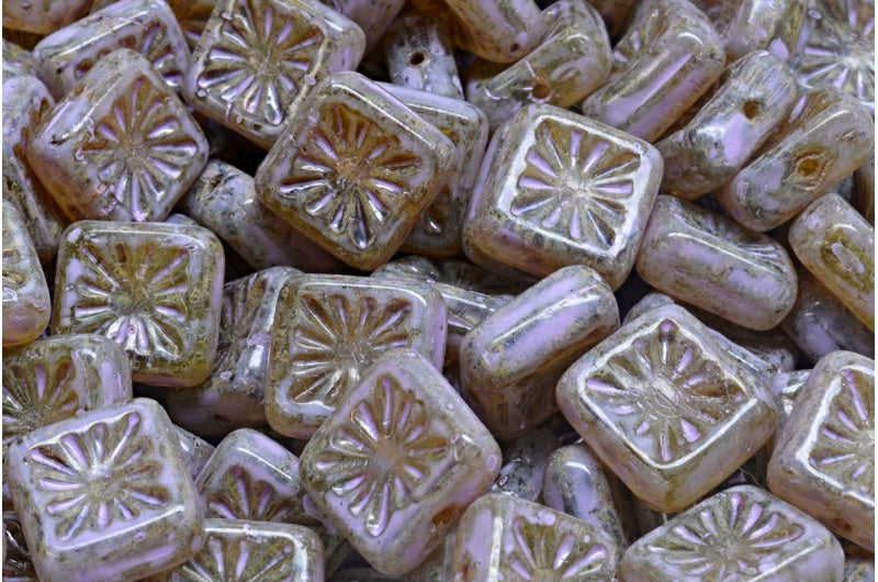 Squared Kiwi Beads, Transparent Green Travertin Cold Purple Spotted (50220-86800-33305), Glass, Czech Republic