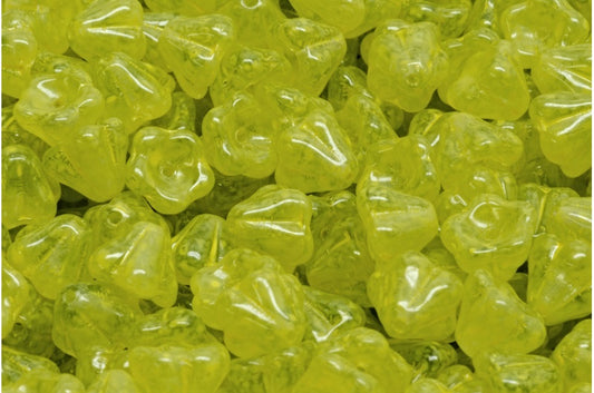 Bell Flower Beads, Transparent Blue Beige Yellow Spotted (30010-33303), Glass, Czech Republic
