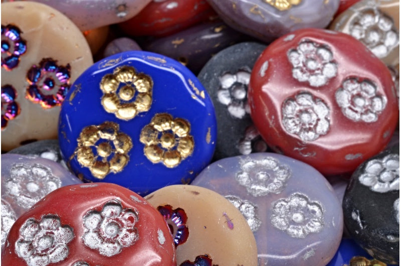 フラットラウンドコインビーズ（花3個、ミックスカラー1個、00001-MIX）、ガラス製、チェコ共和国