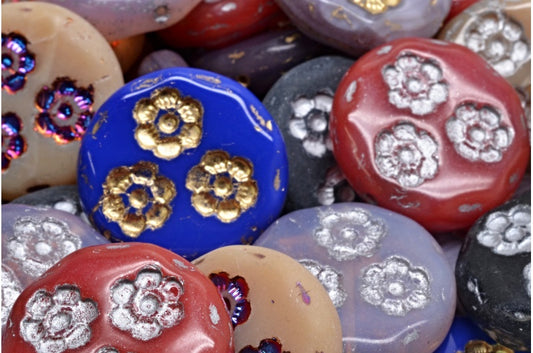 フラットラウンドコインビーズ（花3個、ミックスカラー1個、00001-MIX）、ガラス製、チェコ共和国