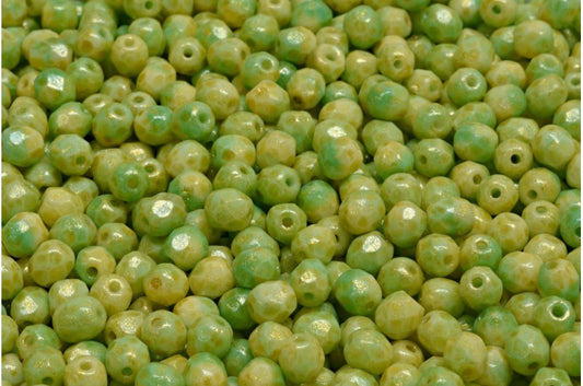 ファセットラウンドファイアポリッシュビーズ、ホワイトティールライトイエロー（R2613-34302）、ガラス、チェコ共和国