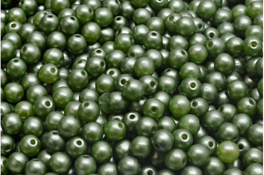 Round Druck Beads, White Laser Etched Decor On Olive (02010-25034), Glass, Czech Republic