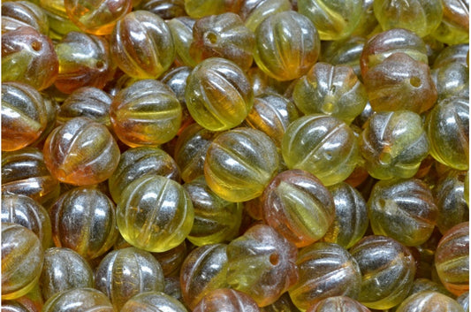 Melon Beads, Transparent Orange Transparent Green Hematite (10080-50210-14400), Glass, Czech Republic