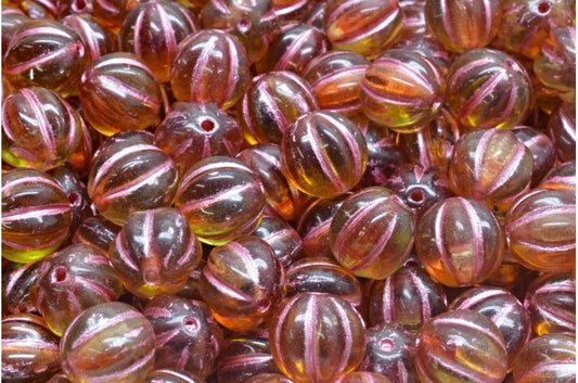 Melon Beads, Transparent Orange Transparent Green Pink Lined (10080-50210-54321), Glass, Czech Republic