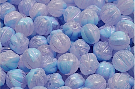 Melon Beads, Blue Cold Purple Spotted (R0641-33305), Glass, Czech Republic