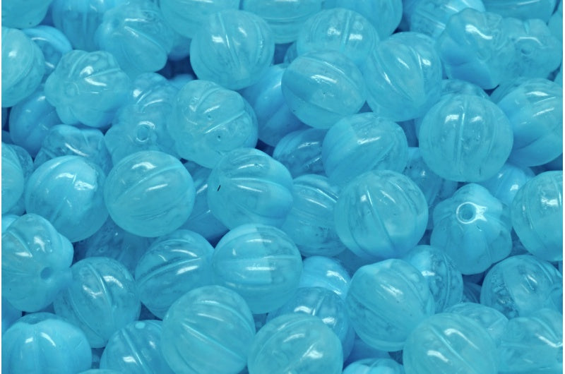 メロンビーズ、ブルーターコイズスポット（R0641-33309）、ガラス、チェコ共和国