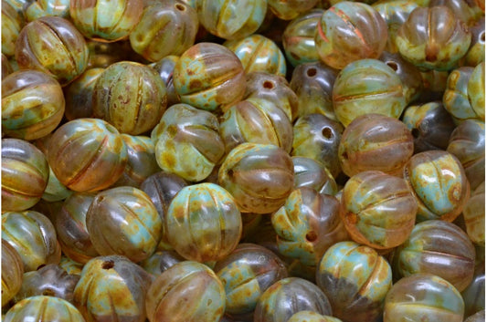 Melon Beads, Blue Travertin (R0641-86800), Glass, Czech Republic