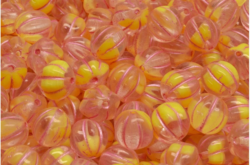 Melon Beads, 86036 Pink Lined (86036-54321), Glass, Czech Republic
