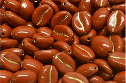 Coffee Bean Beads, Opaque Brown Gold Lined (13600-54302), Glass, Czech Republic