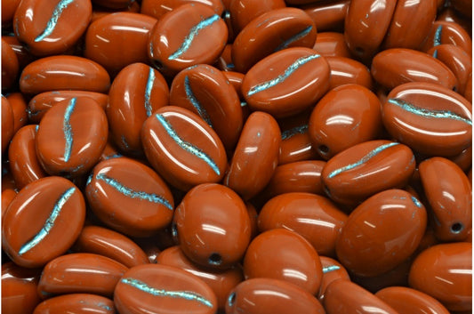 Coffee Bean Beads, Opaque Brown Light Blue Lined (13600-54308), Glass, Czech Republic