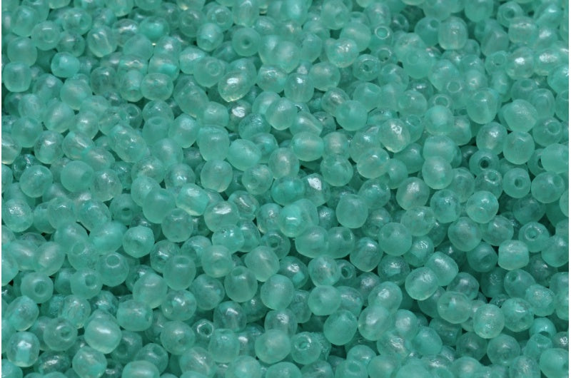 ファセット加工のラウンド型ファイヤーポリッシュビーズ、透明ピンクエッチングターコイズスポット（70120-etch-33310）、ガラス、チェコ共和国