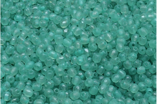 ファセット加工のラウンド型ファイヤーポリッシュビーズ、透明ピンクエッチングターコイズスポット（70120-etch-33310）、ガラス、チェコ共和国