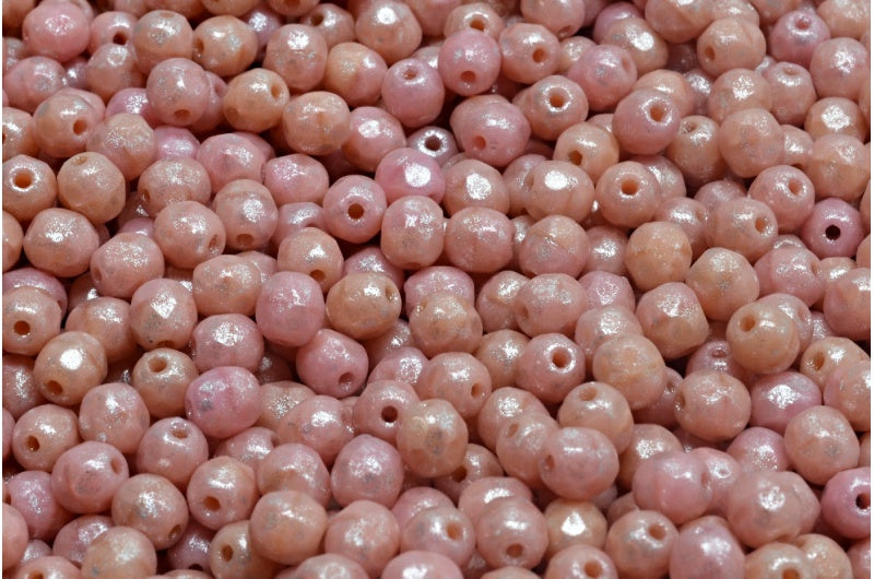 ファセット加工ラウンドファイアポリッシュビーズ、不透明ピンクベージュトラバーチンスポット（74020-33301）、ガラス、チェコ共和国